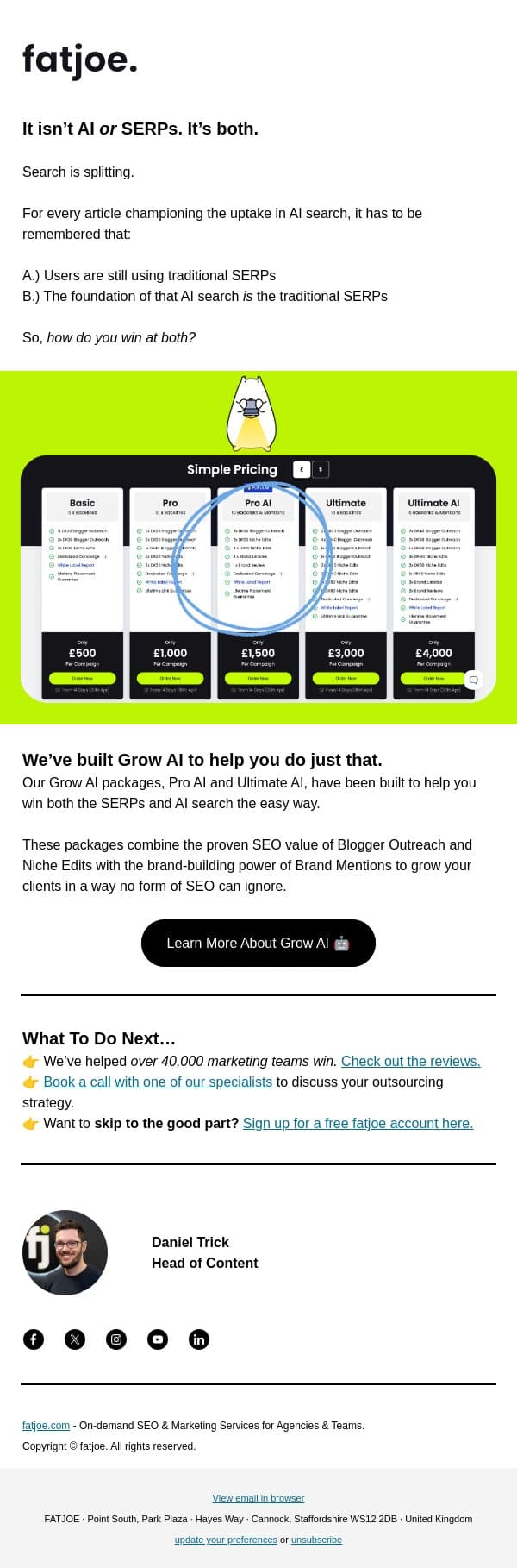 Win Google and AI search with one strategy email from FATJOE screenshot