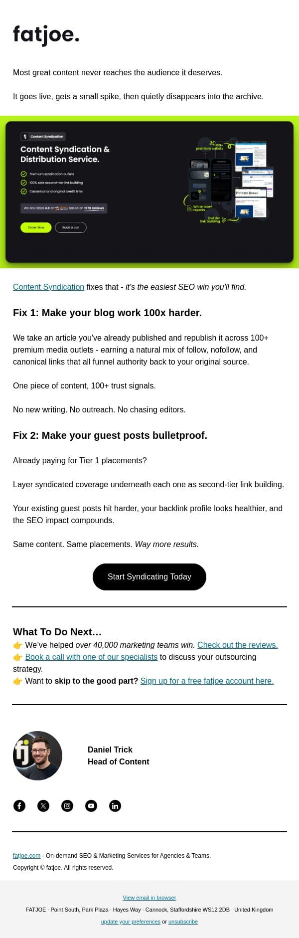 The cheapest SEO win nobody's talking about. email from FATJOE screenshot