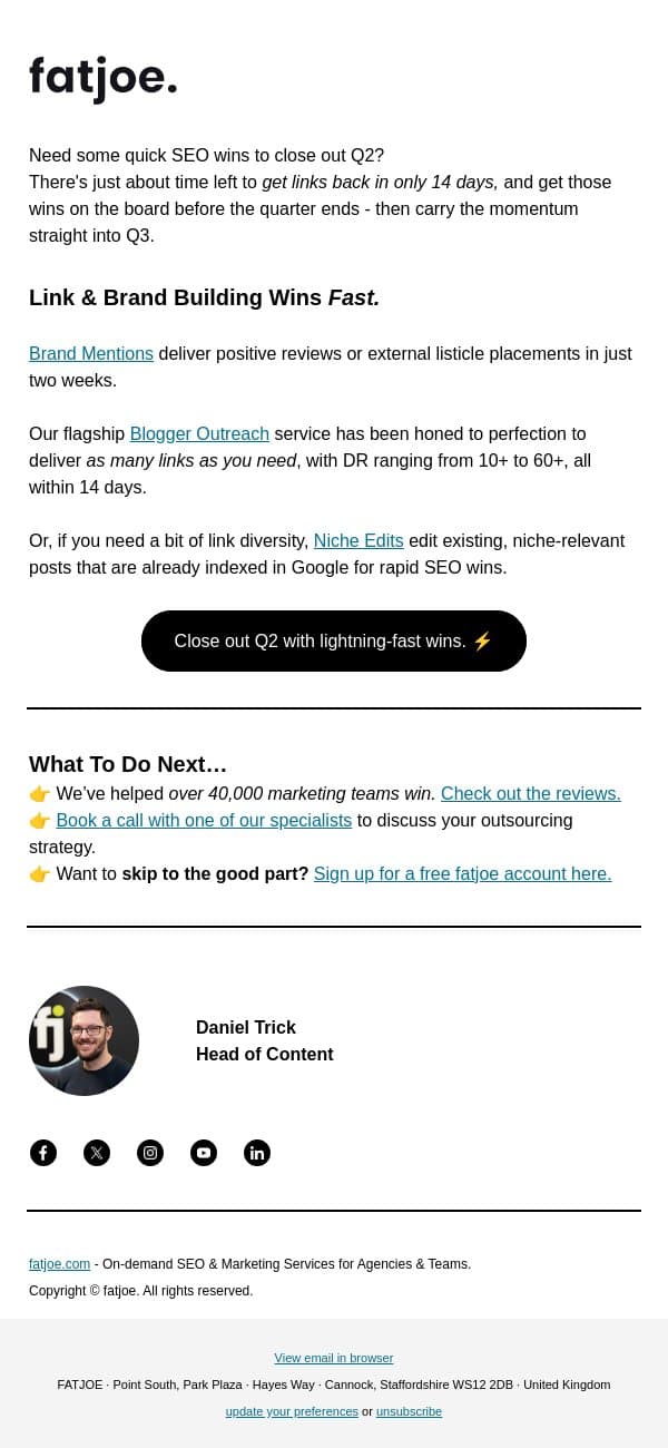 Halfway through 2026. How's your SEO? email from FATJOE screenshot