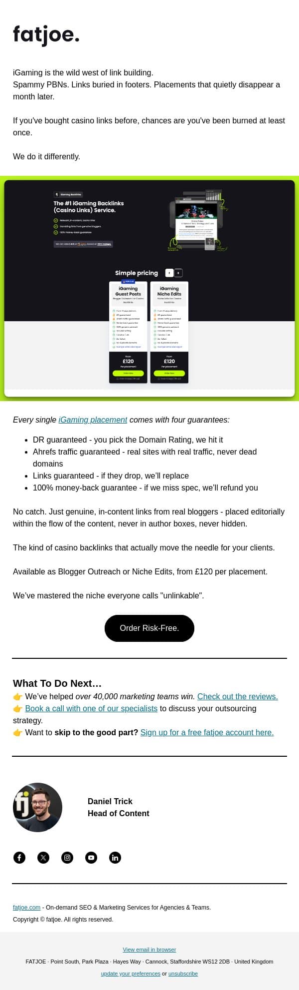Our iGaming links guarantee four things. email from FATJOE screenshot