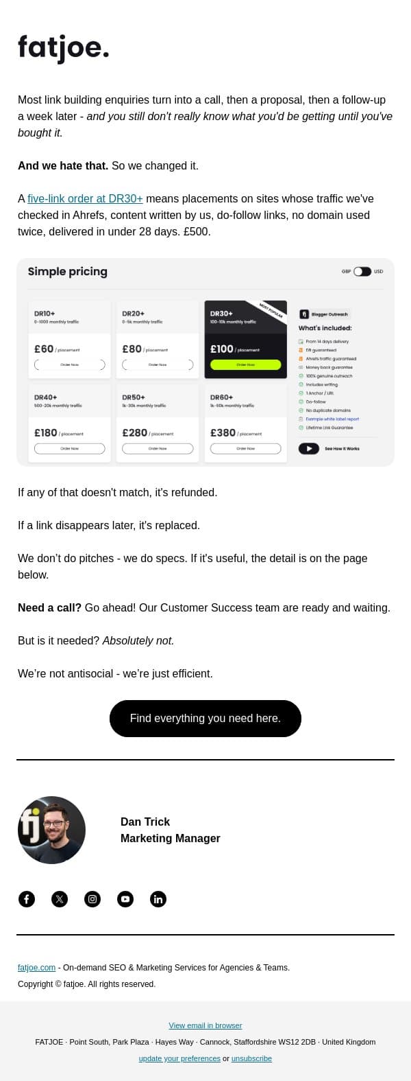 We don't need a call with you. email from FATJOE screenshot