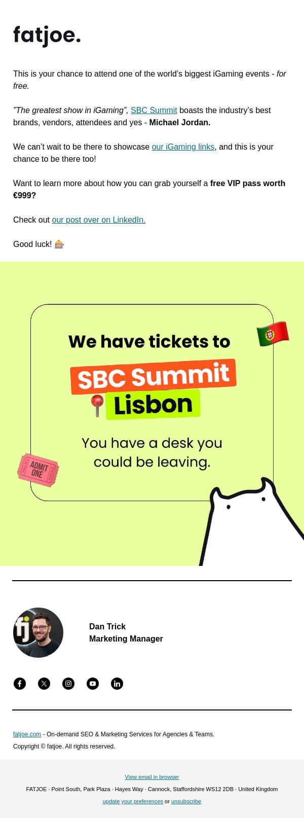 Will you be at SBC Summit Lisbon? 🇵🇹 email from FATJOE screenshot