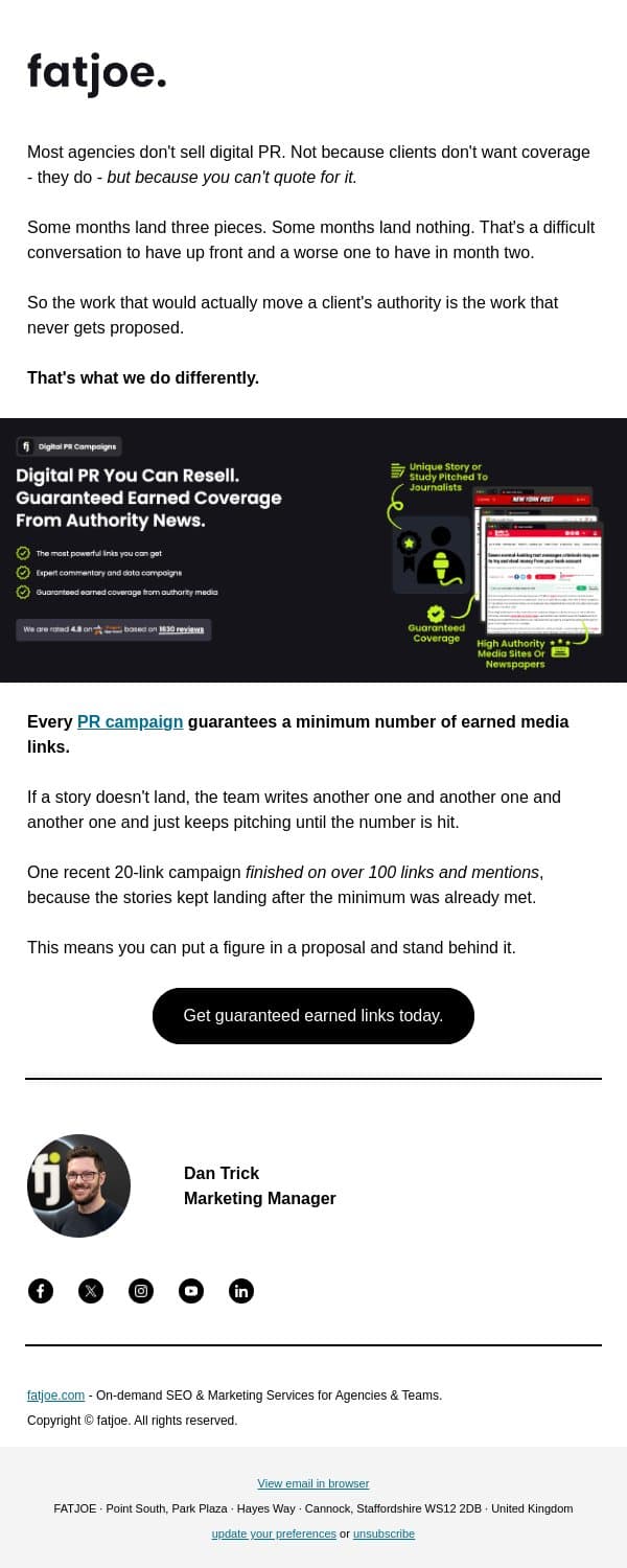 PR is the one service you can't quote for. email from FATJOE screenshot