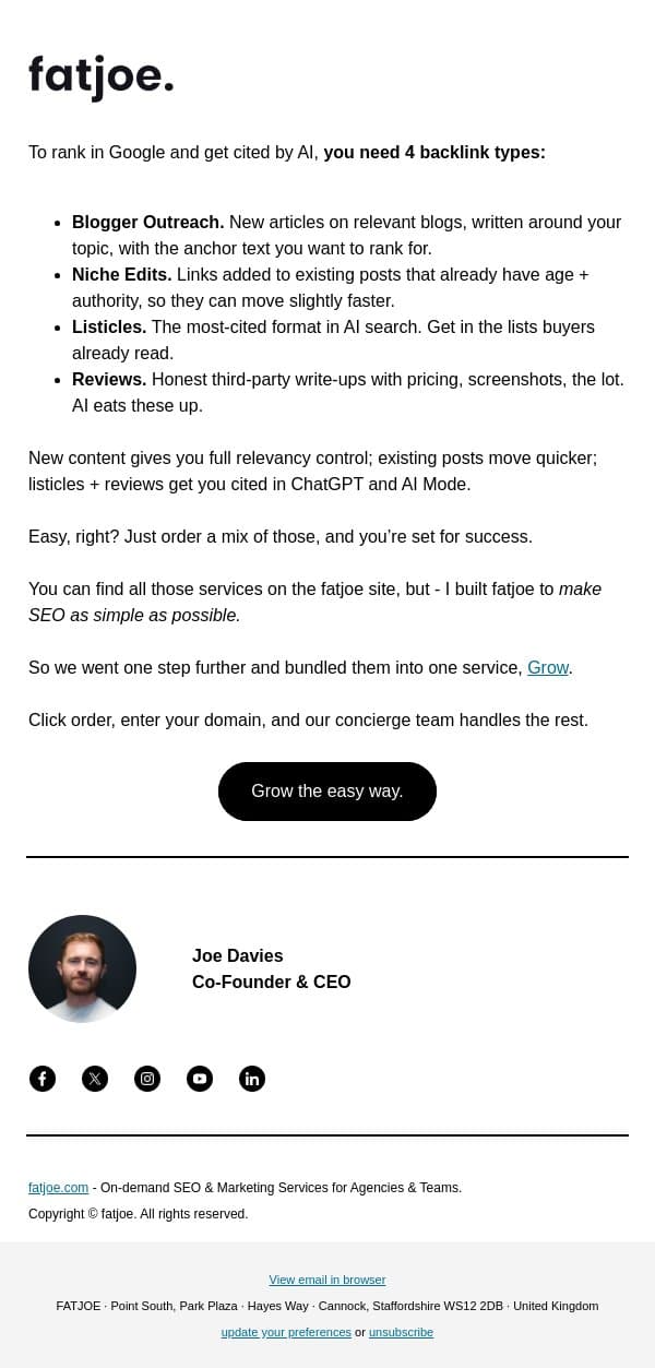 Ranking takes 4 types of links. email from FATJOE screenshot