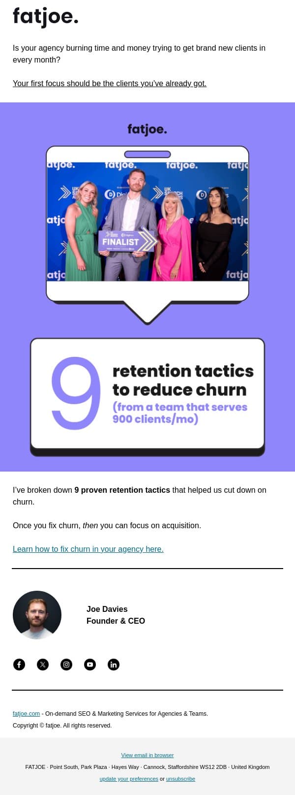 9 retention tactics from serving 900 clients/mo. email from FATJOE screenshot