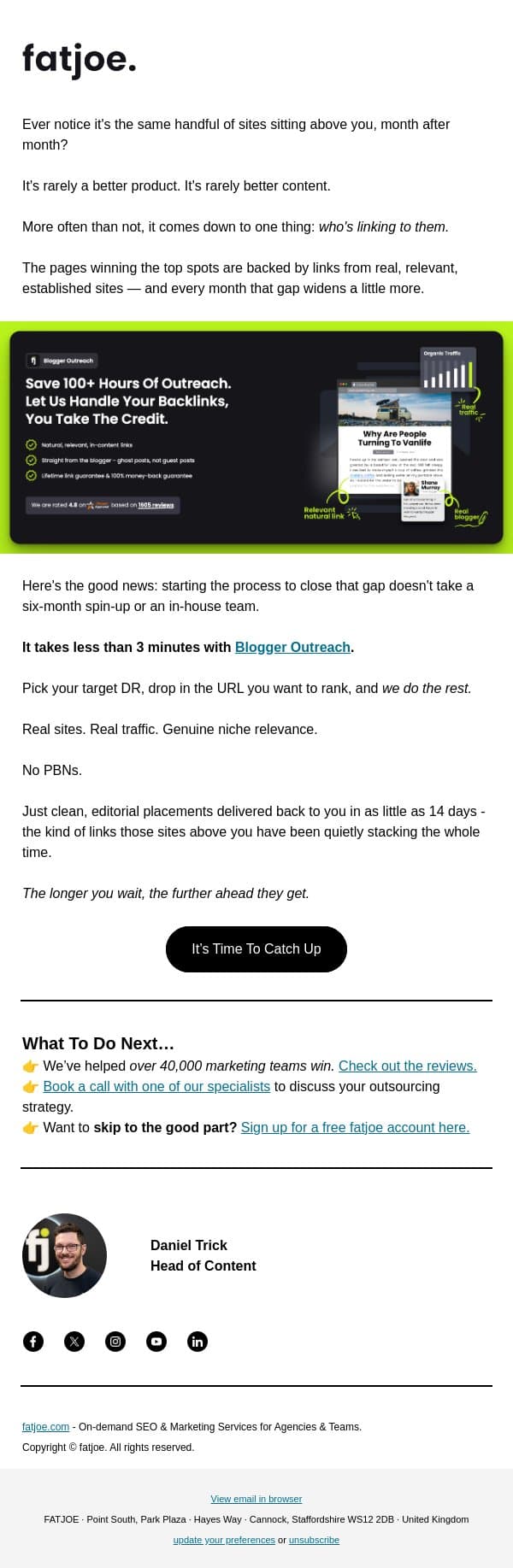 Your competitors aren't outranking you by accident email from FATJOE screenshot