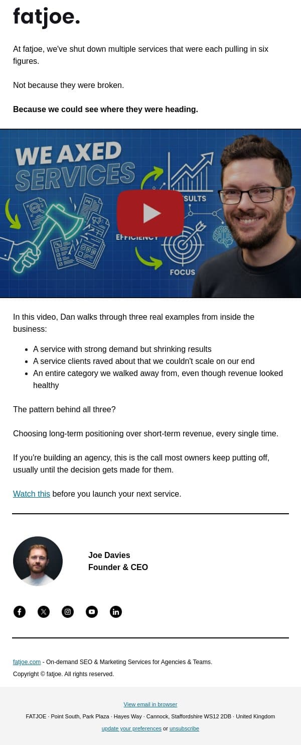 The services we killed at fatjoe (and why). email from FATJOE screenshot