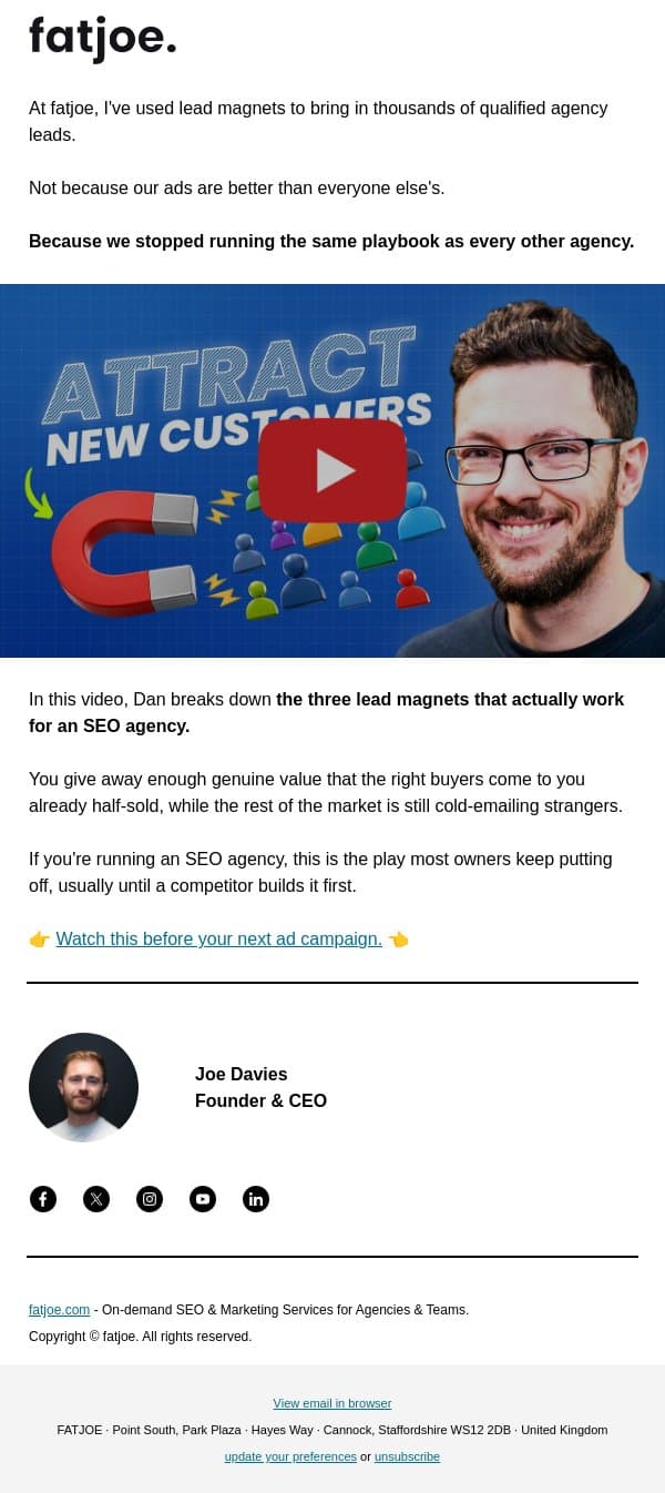 Info-marketers don't want SEO agencies copying this. email from FATJOE screenshot