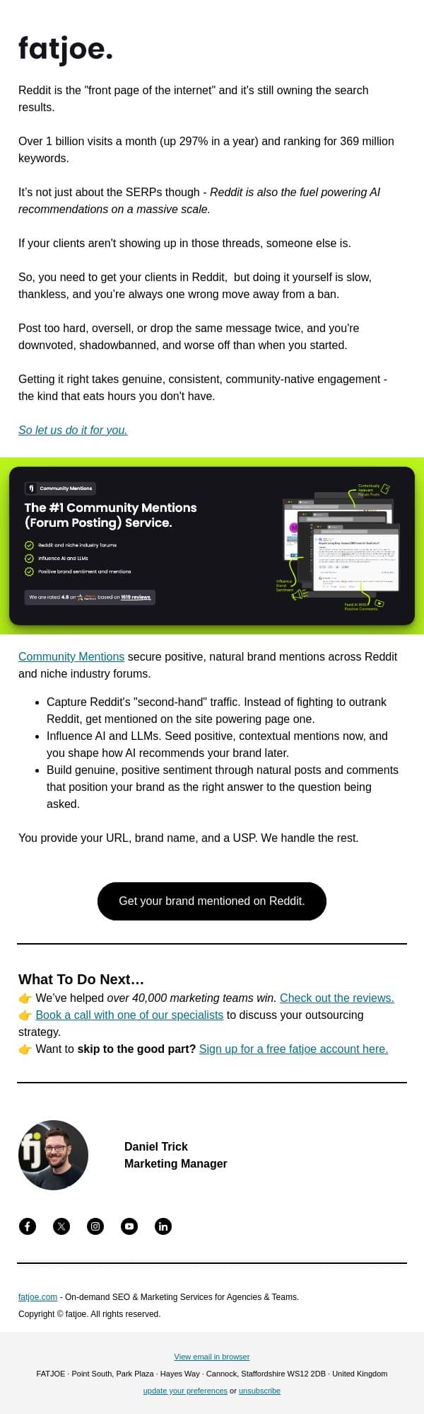 Reddit is ranking. Now get your brand in those threads. email from FATJOE screenshot
