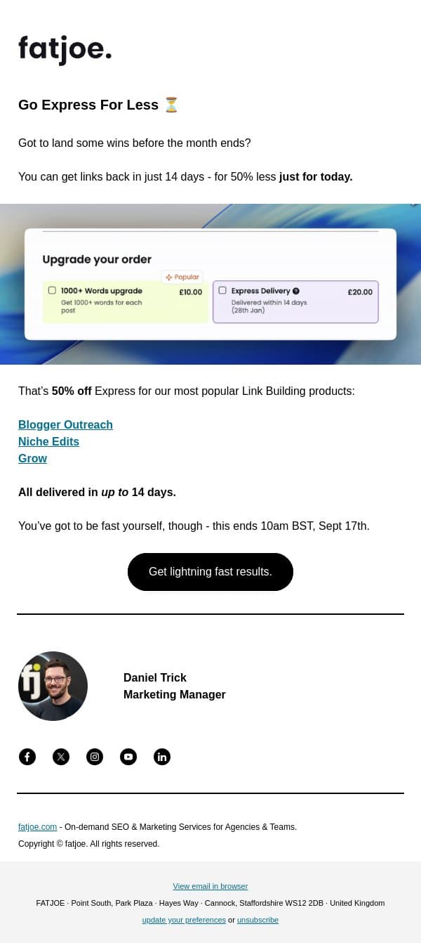 50% quicker is 50% off. ⚡️ email from FATJOE screenshot
