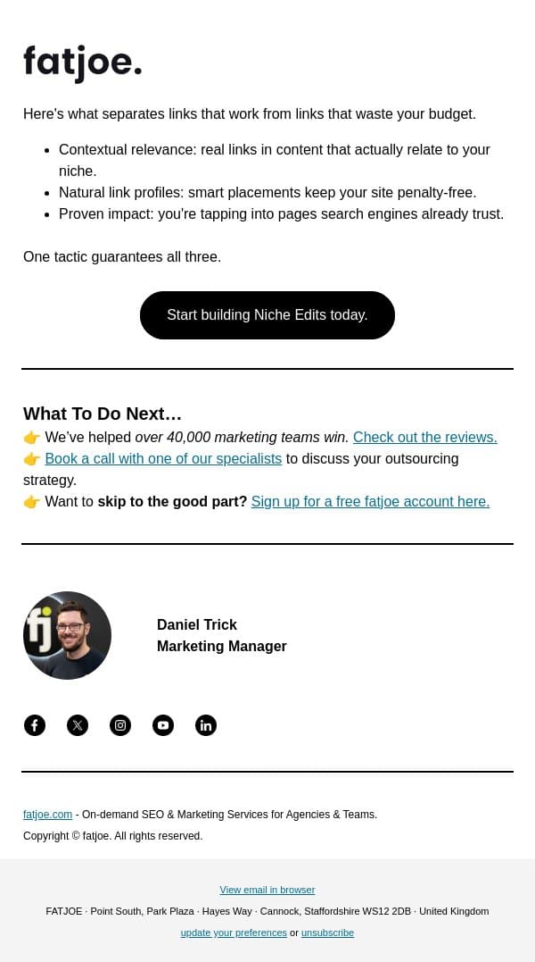 The link building tactic that checks every box. email from FATJOE screenshot