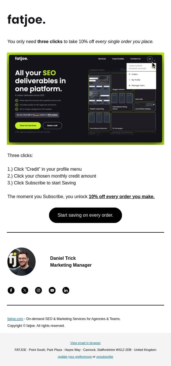 Three clicks and every order gets 10% cheaper. email from FATJOE screenshot