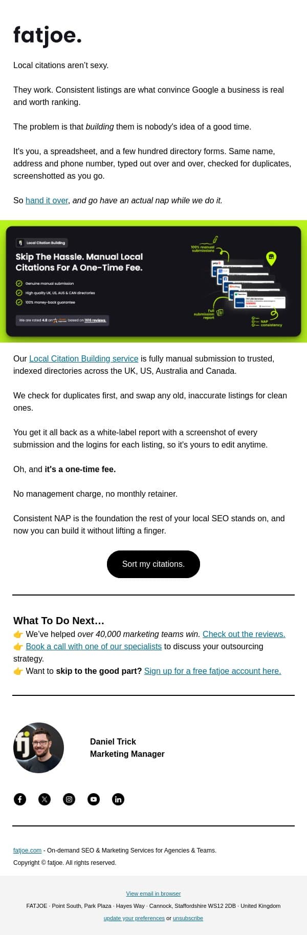 We do the boring bit so you don't have to. email from FATJOE screenshot
