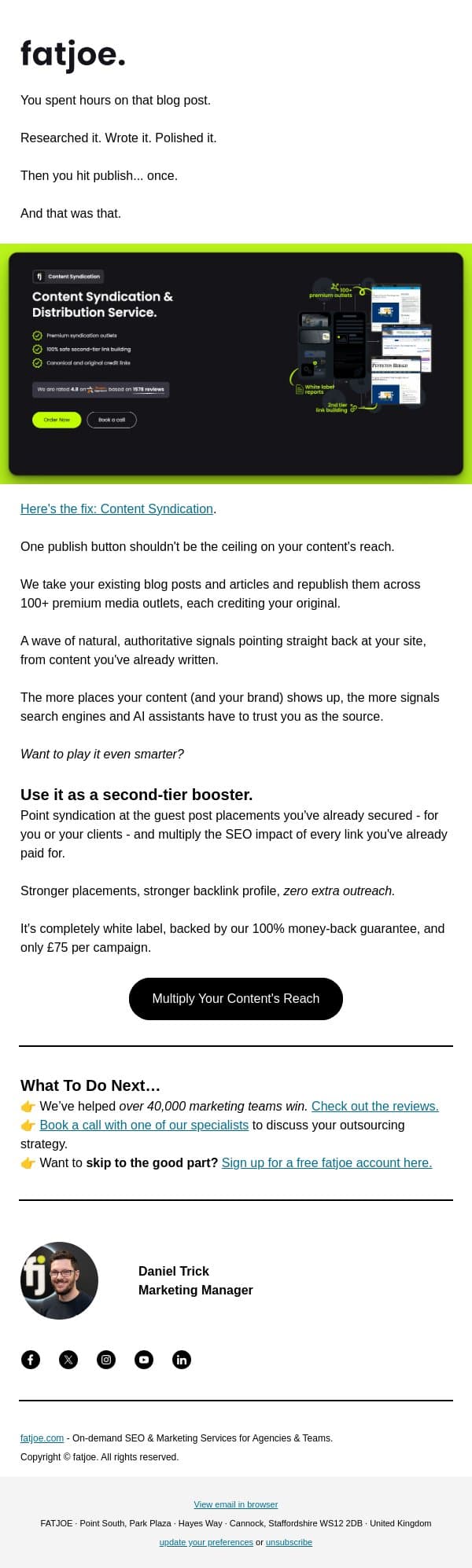 Publish once. Get seen 100+ times. email from FATJOE screenshot