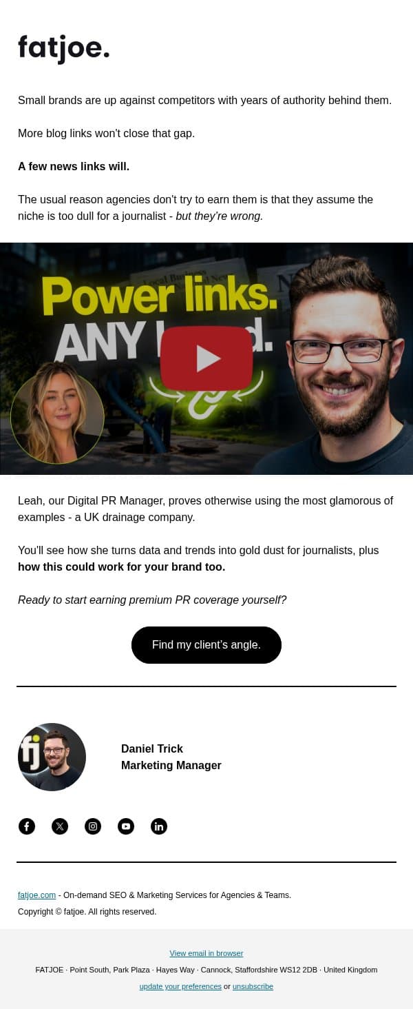 Big brands have bigger budgets. Not better stories. email from FATJOE screenshot