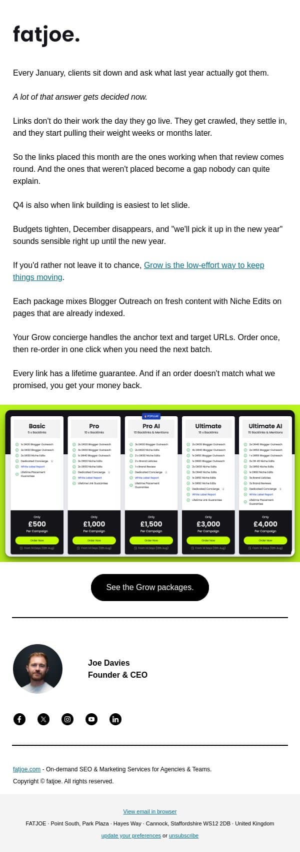 October is when next year's results get built. email from FATJOE screenshot