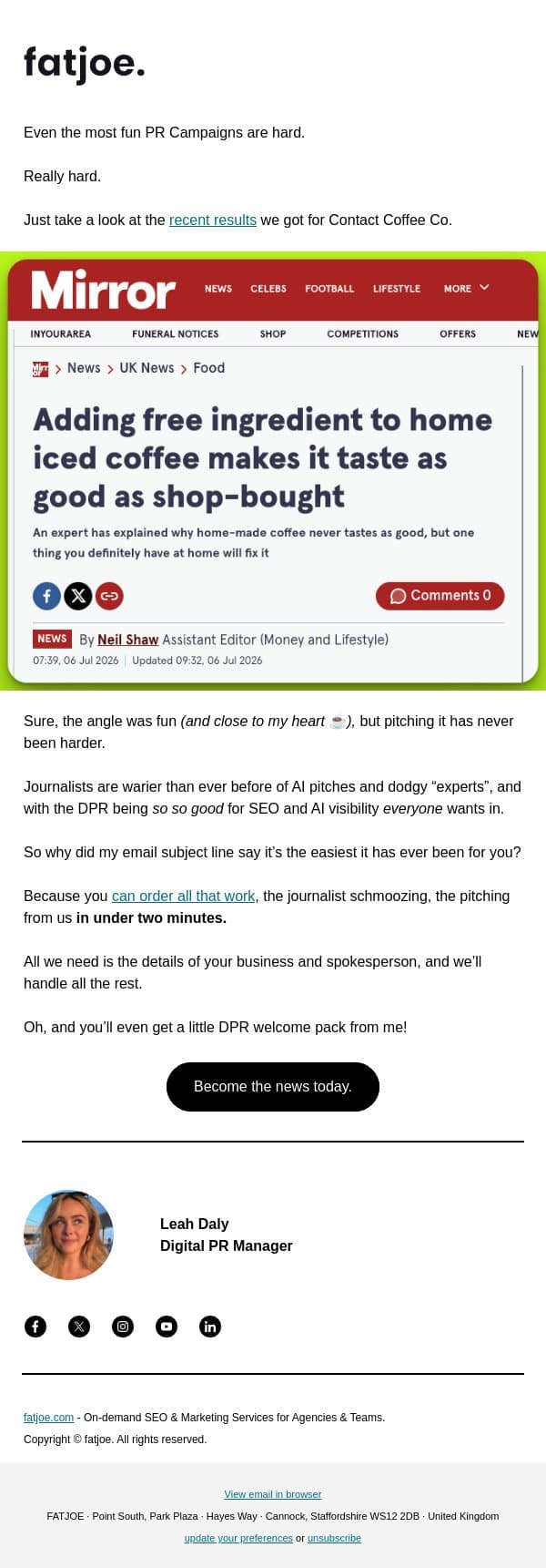 PR campaign wins have never been easier (for you) email from FATJOE screenshot