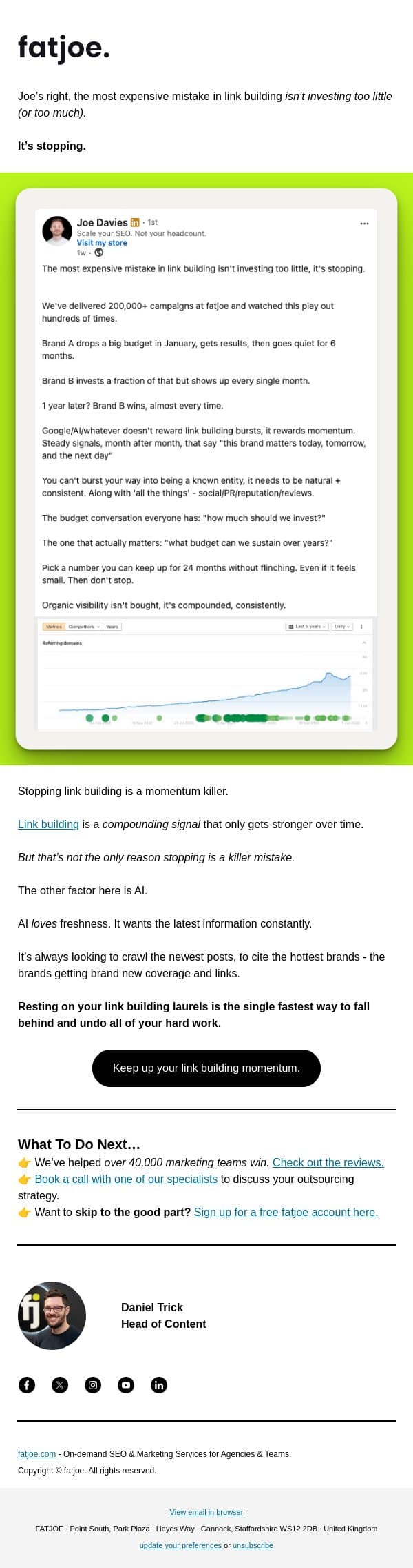 The most expensive mistake in link building. email from FATJOE screenshot