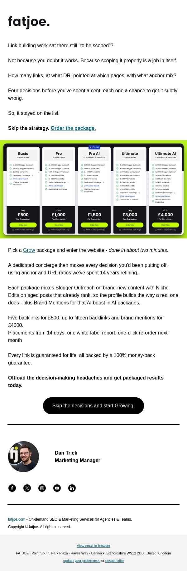 You don't need a link strategy. You need a package. email from FATJOE screenshot