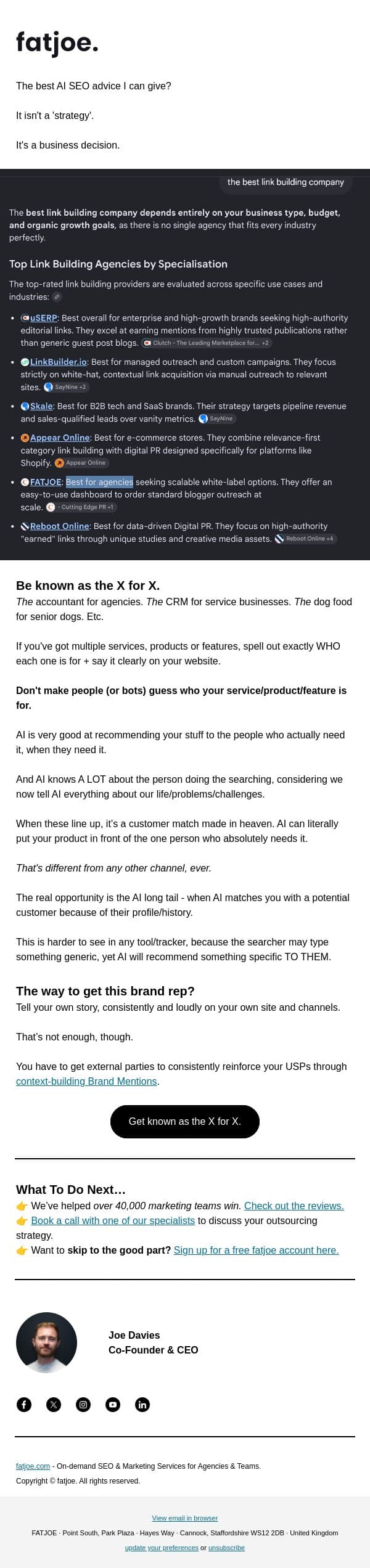 The best AI SEO advice I can give. email from FATJOE screenshot