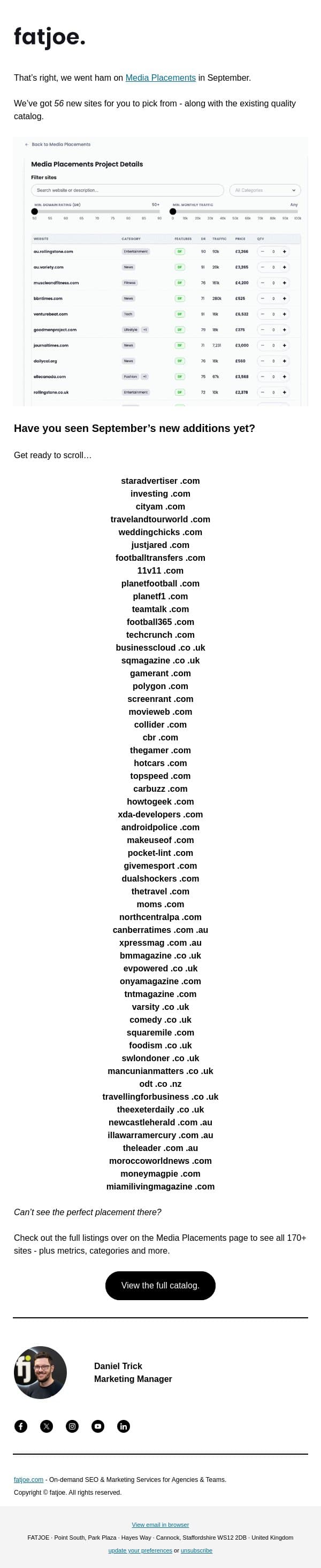 56 brand new sites added in September. email from FATJOE screenshot