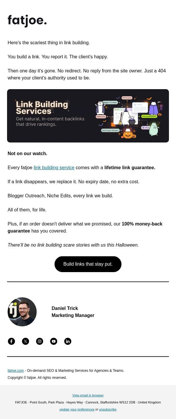 The scariest thing in your client's backlink profile email from FATJOE screenshot