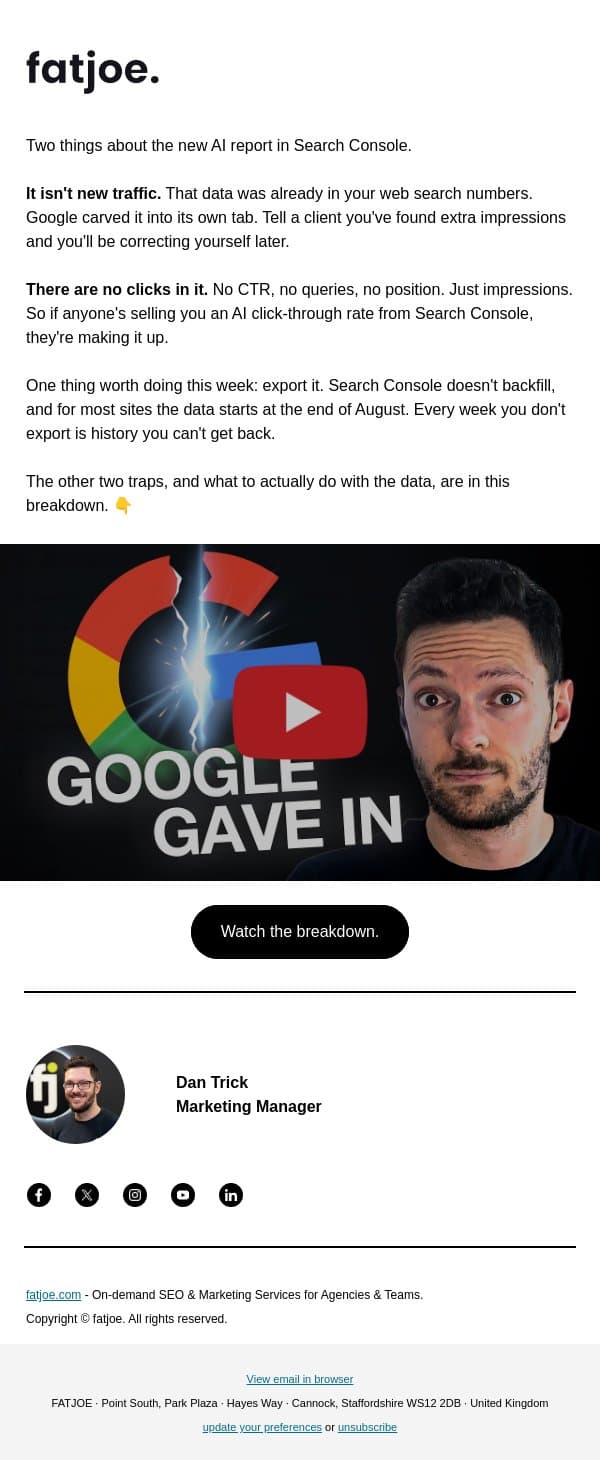 Anyone selling you an AI click-through rate is making it up. email from FATJOE screenshot