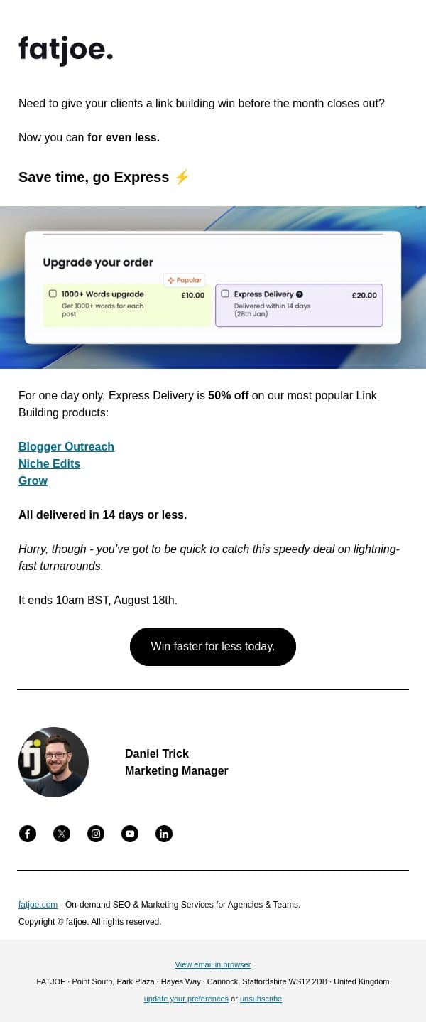 50% faster - now 50% off. (One day only.) email from FATJOE screenshot