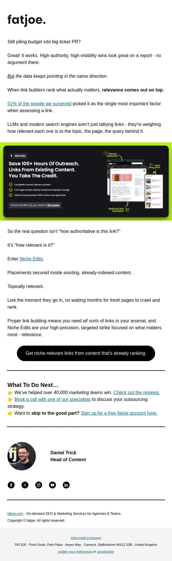 Backlinks from content Google already trusts email from FATJOE screenshot