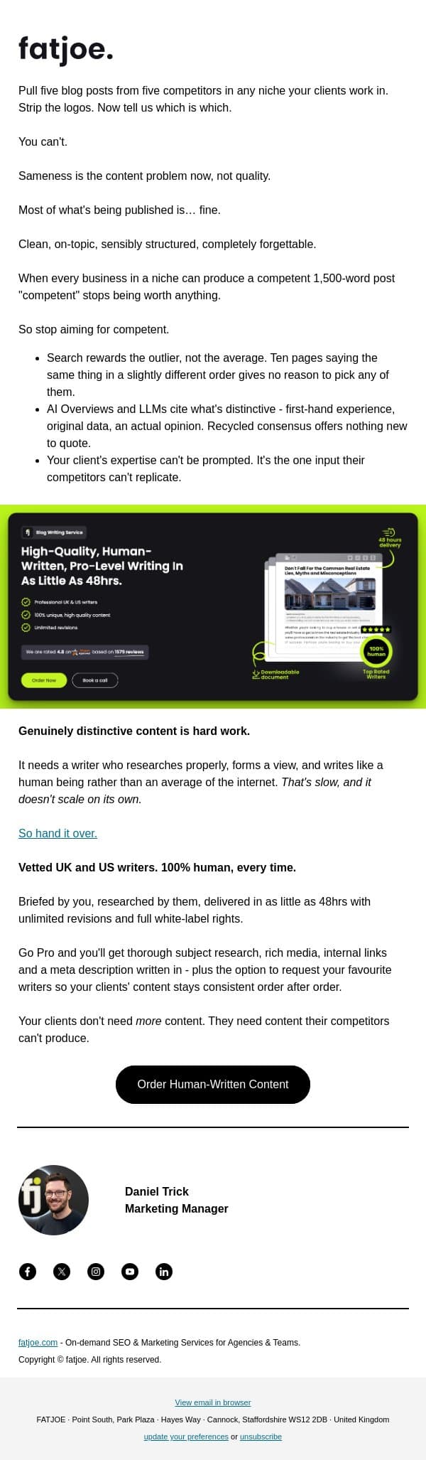 AI can write it in nine seconds. That's the problem. email from FATJOE screenshot