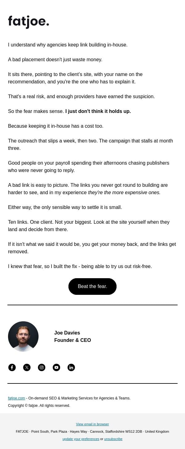 It makes sense to fear outsourcing. email from FATJOE screenshot