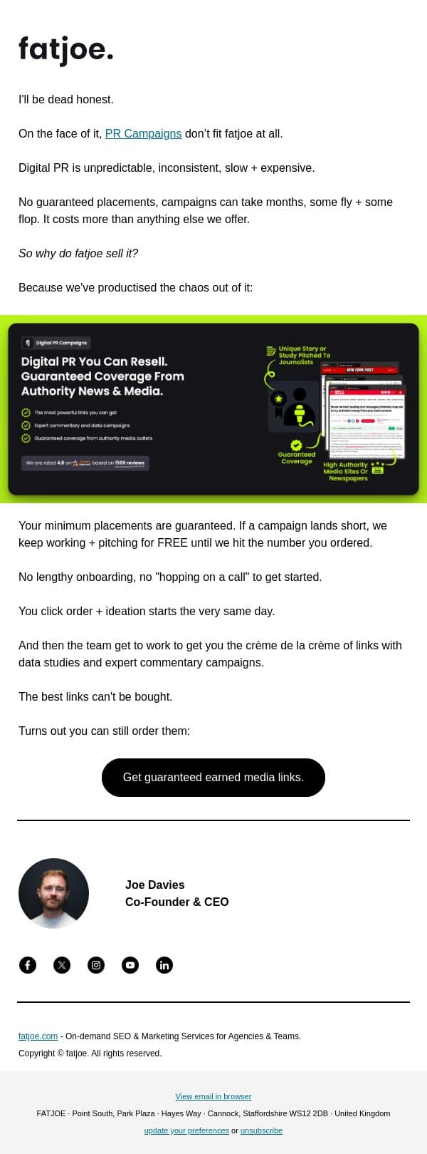 The most un-fatjoe service we offer. email from FATJOE screenshot