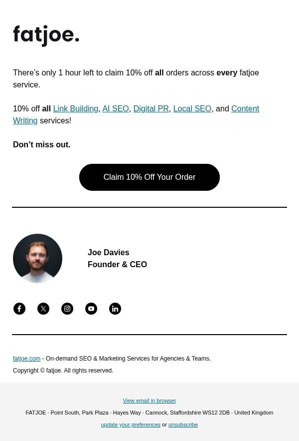 Just 1 hour to go (10% off expires soon) email from FATJOE screenshot