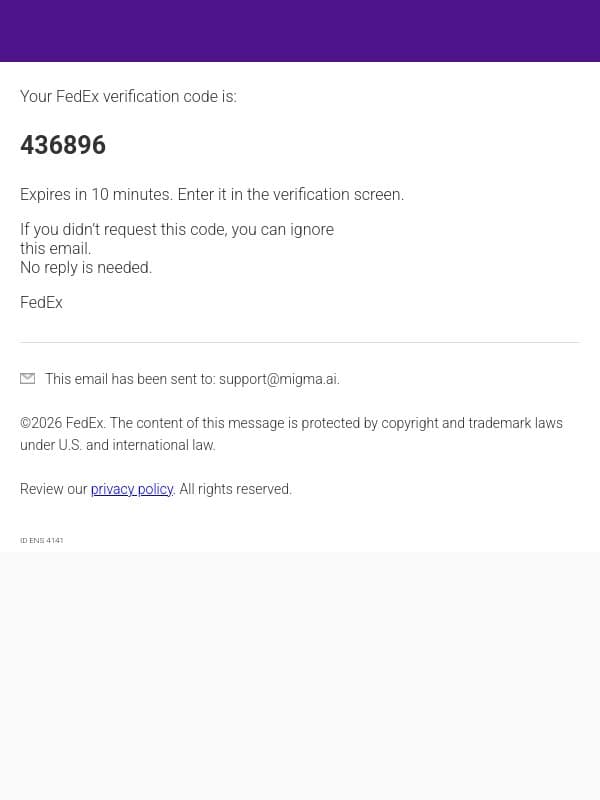 Your FedEx verification code: 436896 email from FedEx screenshot