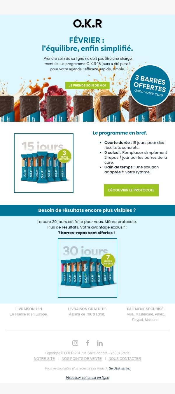 ✅ Cure 15 jours : Des résultats visibles (3 repas offerts). email from Feed. screenshot