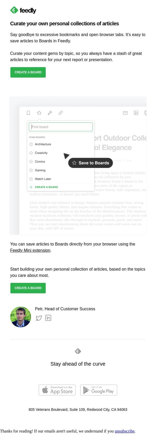 Lesson 3: Save your favorite articles to Boards email from Feedly screenshot