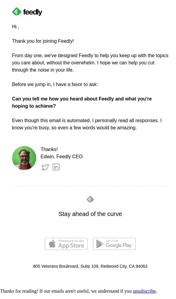 A quick hello email from Feedly screenshot