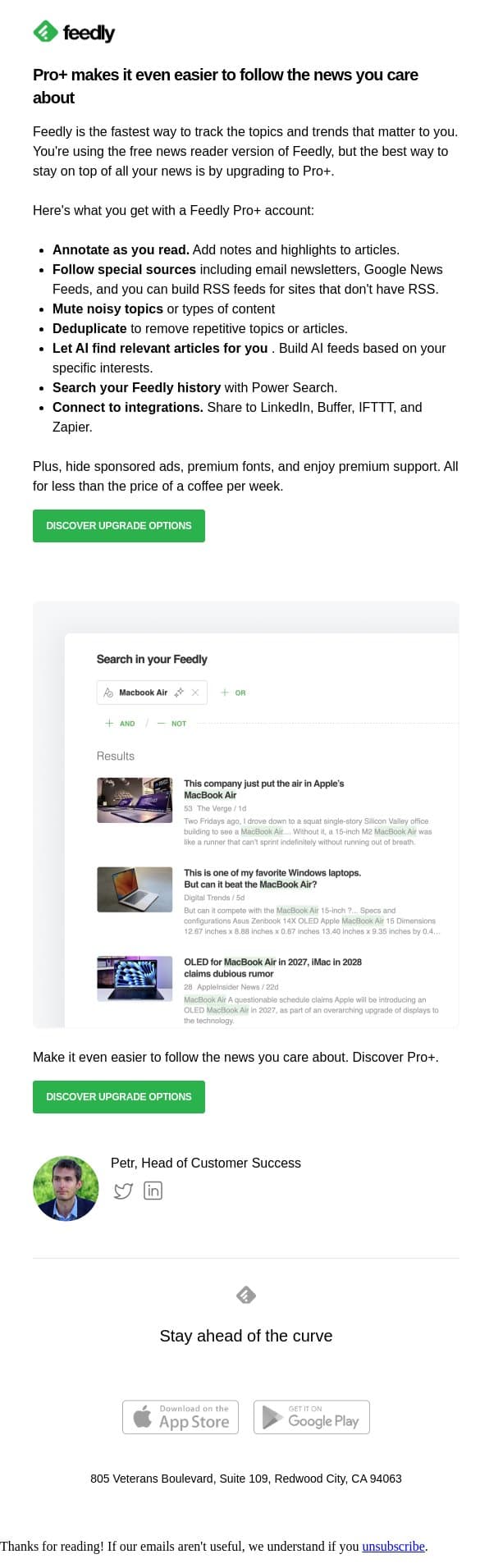 Filter out even more noise in your news feeds with Pro+ email from Feedly screenshot