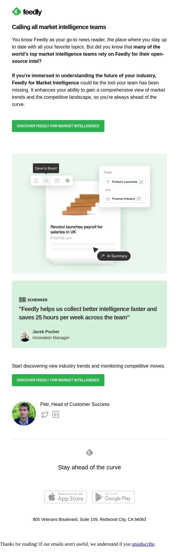 How Feedly helps market intelligence teams stay ahead of the market email from Feedly screenshot