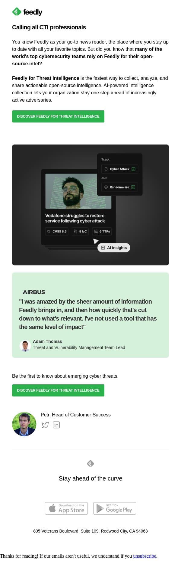 How Feedly helps CTI teams stay proactive and ahead of threats email from Feedly screenshot