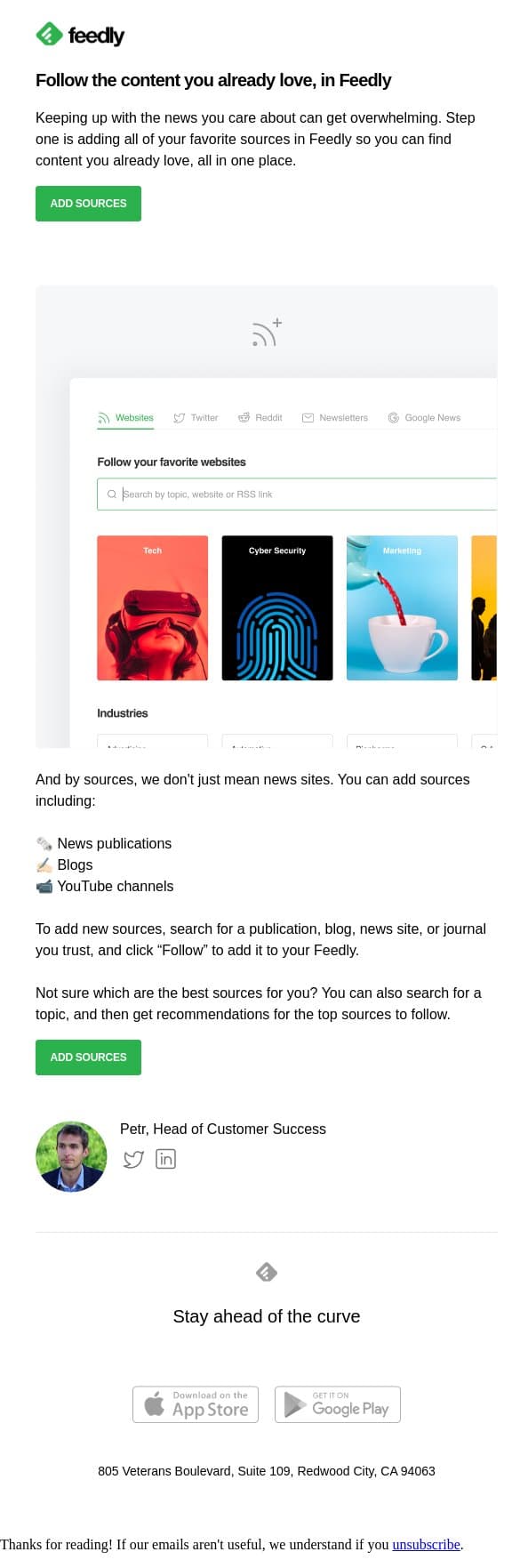 Lesson 1: Bring your favorite content to Feedly email from Feedly screenshot