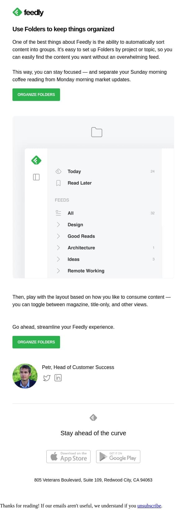 Lesson 2: Simplify your feed and organize your sources email from Feedly screenshot