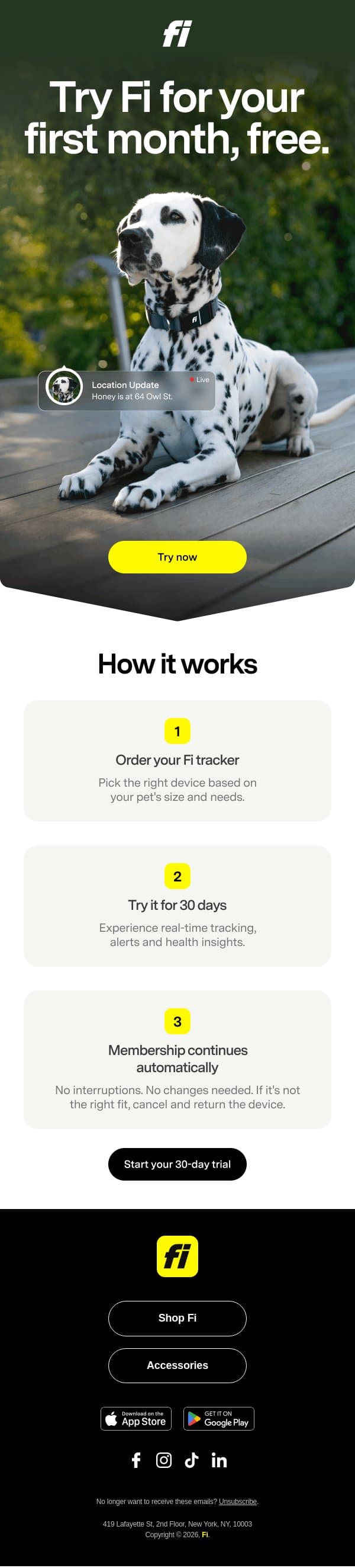 Experience smarter tracking free for 30 days email from Fi screenshot