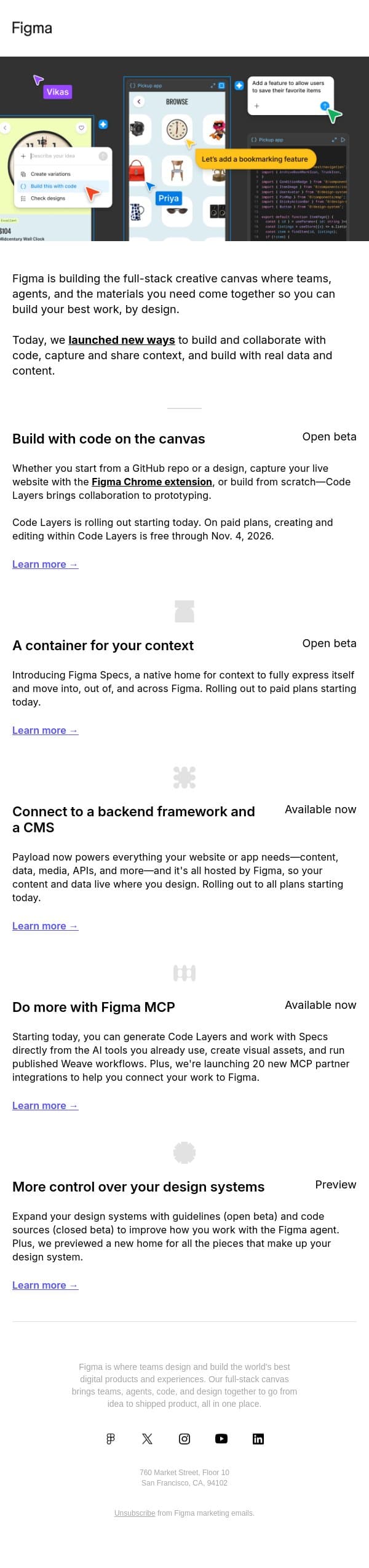 All the features that were announced at Config India email from Figma screenshot