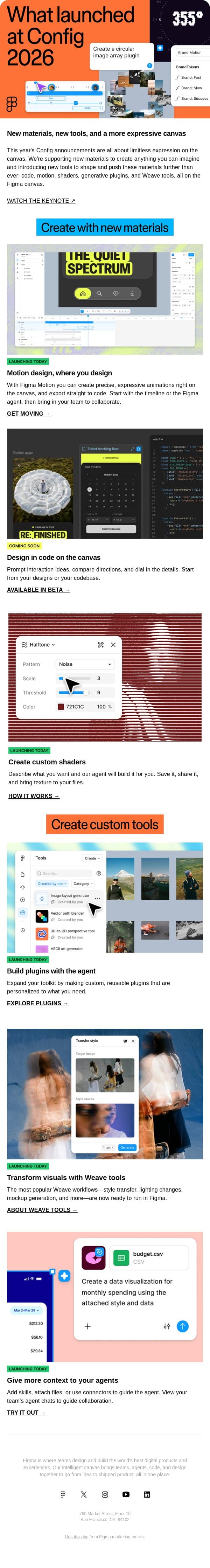 What launched: Config 2026 email from Figma screenshot
