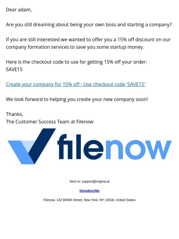 Ready to be your own boss? Get 15% off your new company email from FileNow screenshot