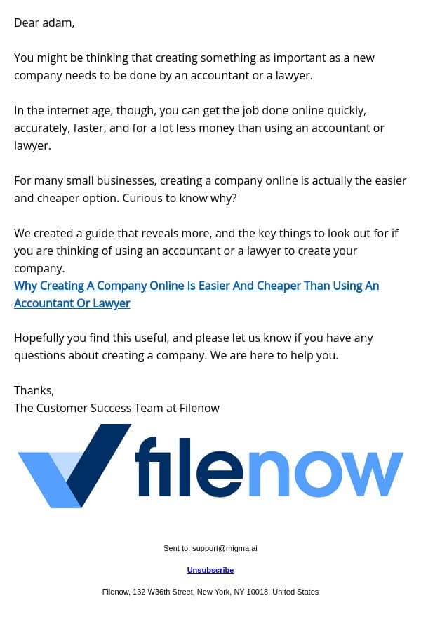 adam, Discover The Problems With Lawyers and Accountants When Creating A Companyadam email from FileNow screenshot