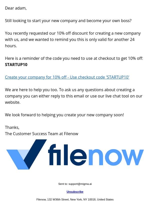 adam, Only 24 hours left to save 10% off your new company email from FileNow screenshot