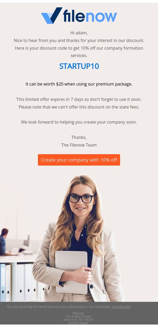 adam, Here is your Filenow discount code email from FileNow screenshot