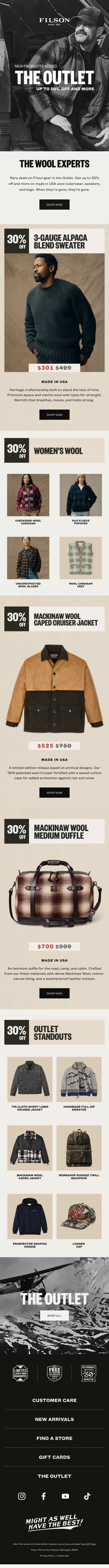 The Outlet: Made in USA Wool Outerwear & Sweaters email from Filson screenshot
